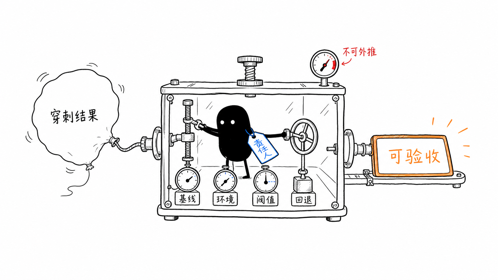 把探索性穿刺结果校准成验收合同的示意图