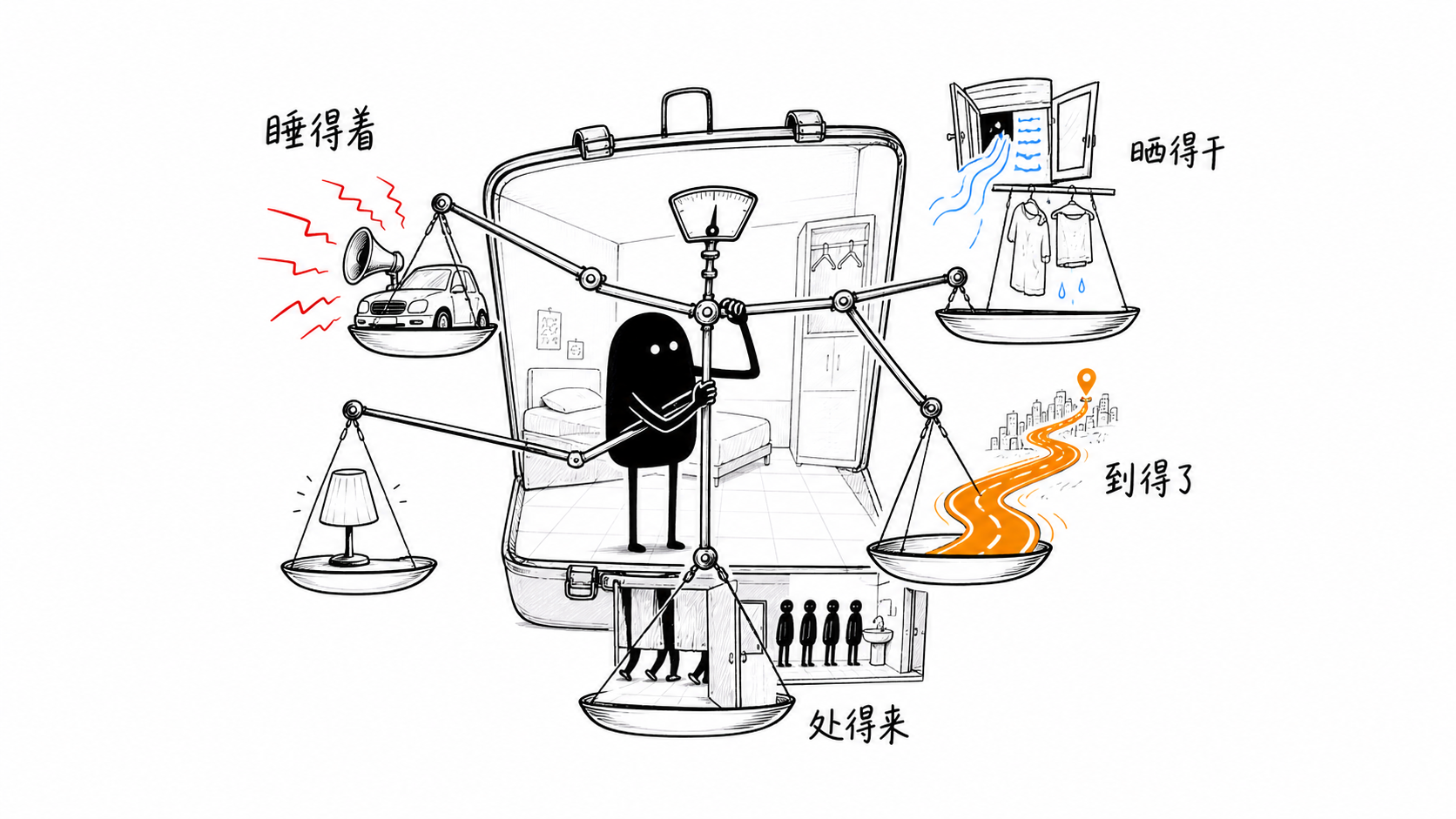 小黑用怪秤称量噪声、通勤、晾晒和合租边界